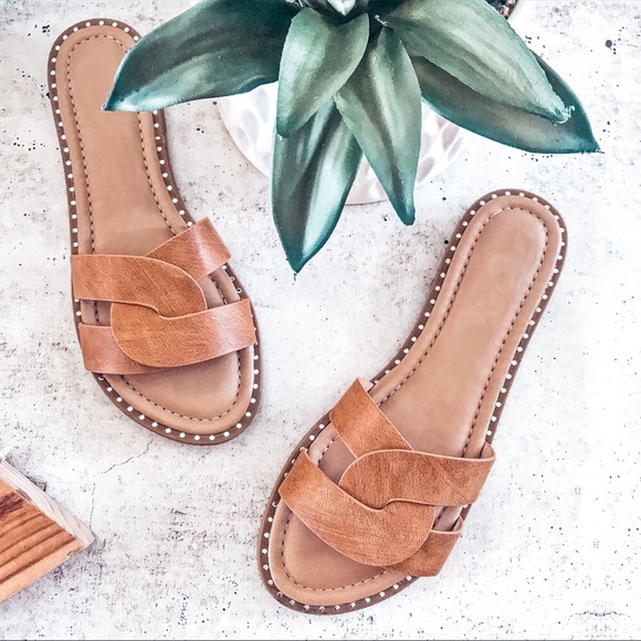 Vegan Leather Studded Trim Slide Cognac Sandals - Picture 3 of 4